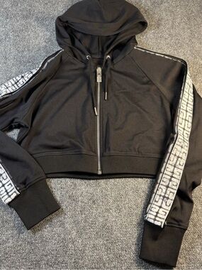 Givenchy Black Cropped Zip Hoodie with Monogram Sleeve Tape